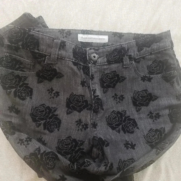Chico's Black Jeans w/Velvet Rose Pattern - Picture 3 of 7